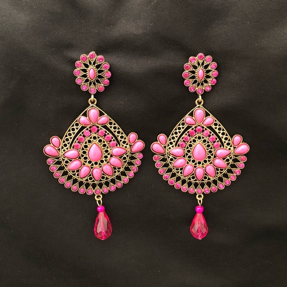 Pink & Gold Jeweled Chandelier Earrings - Picture 2 of 8